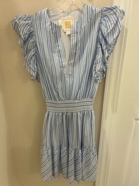 Emily McCarthy Maggie Dress- Blue & White Striped smocked waist mini dress
